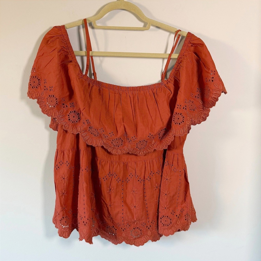 Old Navy Bronzed Amber Floral Eyelet Ruffle Cotton Off Shoulder Top XL Boho